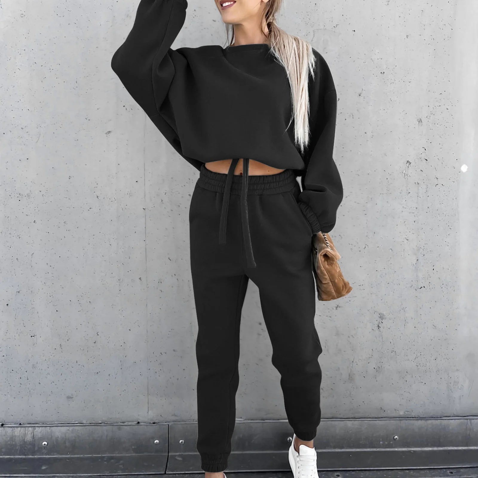 Sweatsuit 2Pcs Set for Women Casual Tracksuit Long Sleeve Crop Sweatshirt and Sweatpants 2 Piece Solid Outfits Tracksuits
