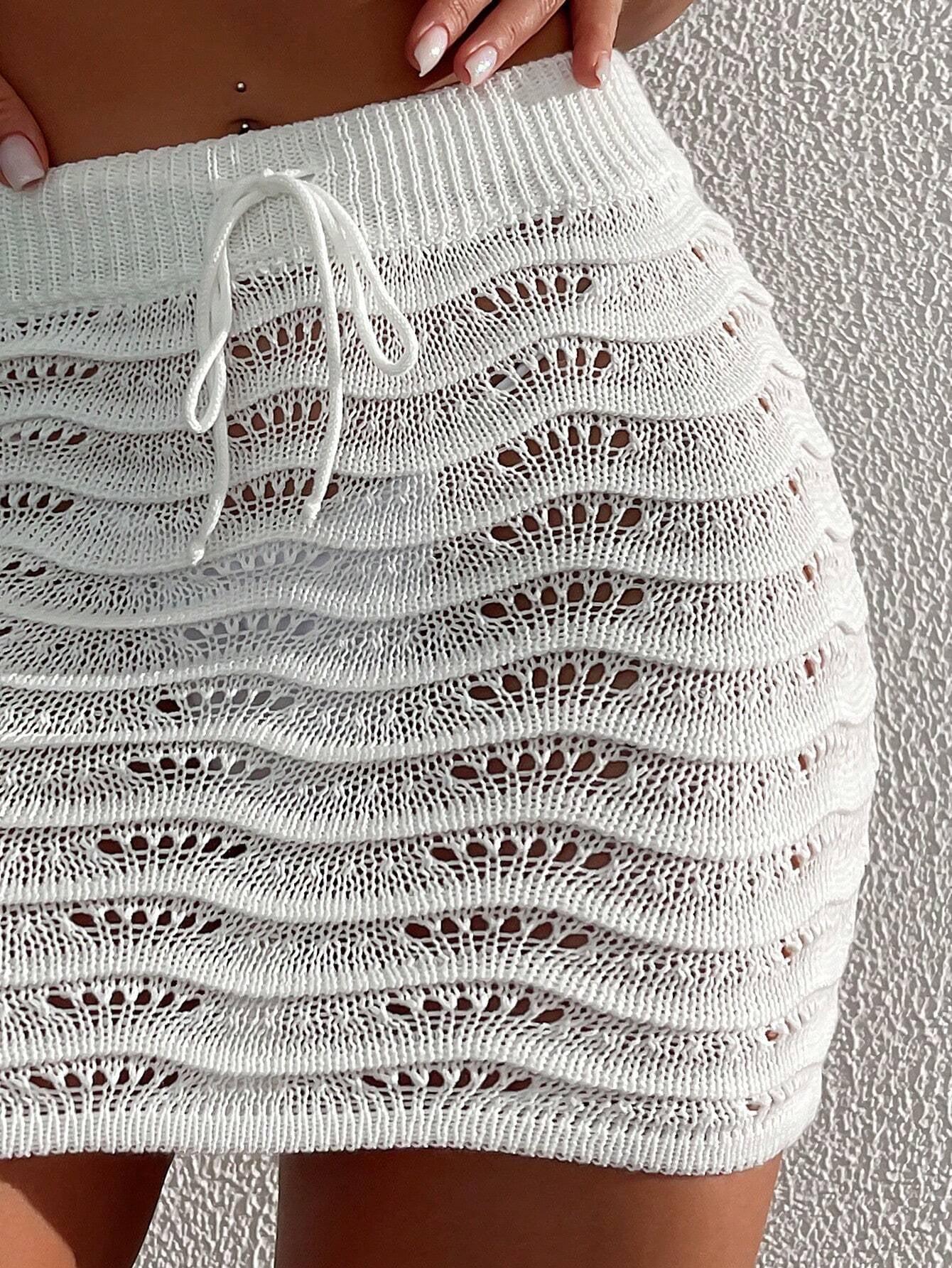 Swim Summer Beach Hollow Out Drawstring Waist Cover up Skirt