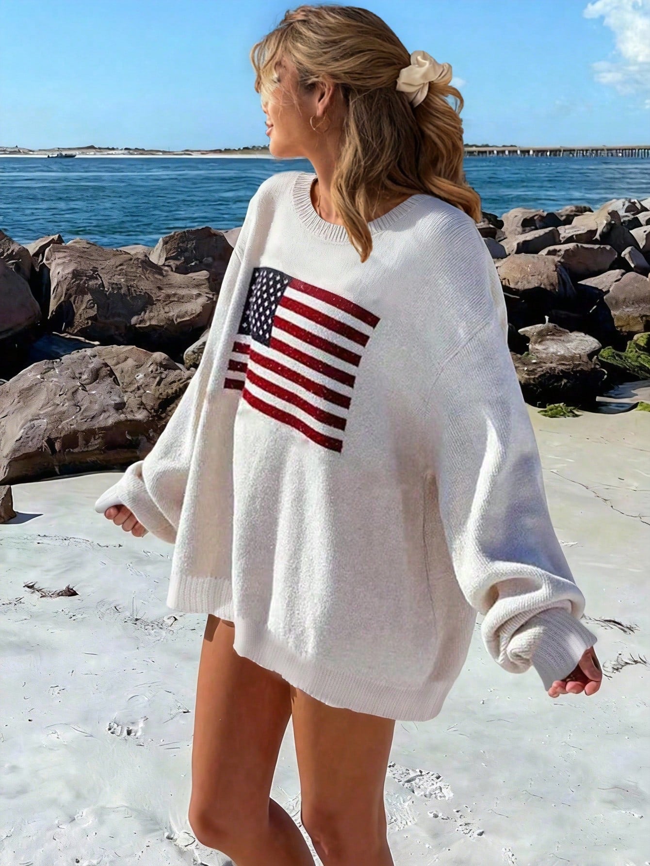 Soleilvie Usa Flag Design Drop Shoulder Sweater,Long Sleeve Tops Knit Pullover Fall Winter Sweater
