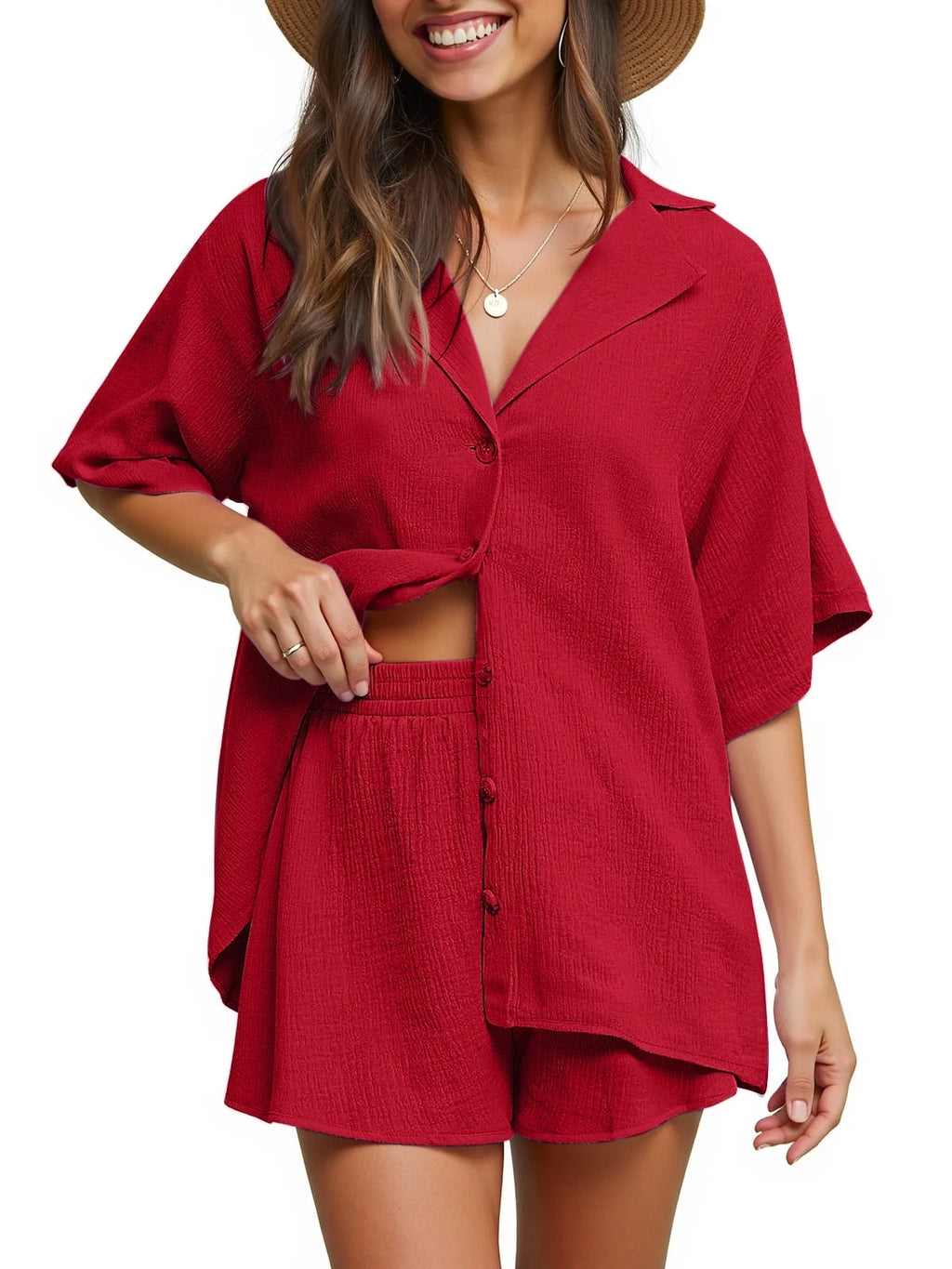 2 Piece Womens Outfit Sets Button down Shirts and Shorts Casual Lounge Sets Short Sleeve Pajamas Sets Summer Loungewear