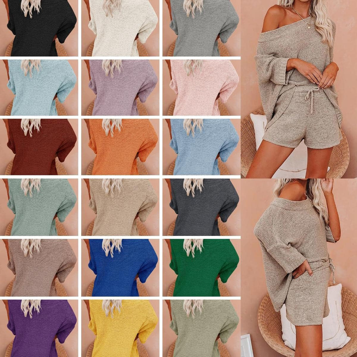 Womens 2 Piece Outfits Sweater Sets off Shoulder Knit Tops Waist Short Suits Casual Pajama Set