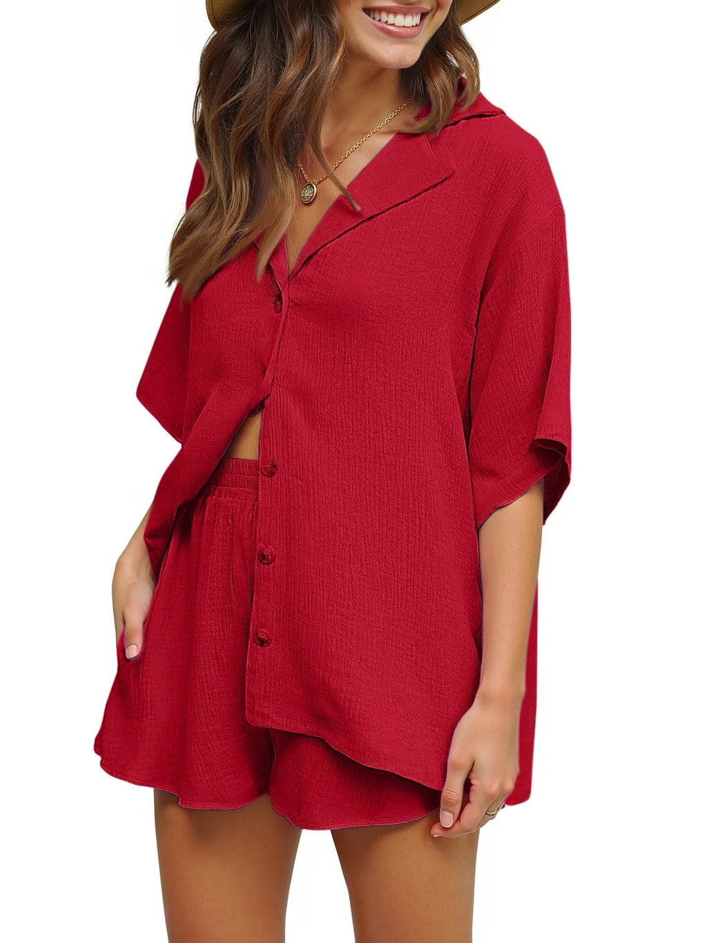 2 Piece Womens Outfit Sets Button down Shirts and Shorts Casual Lounge Sets Short Sleeve Pajamas Sets Summer Loungewear