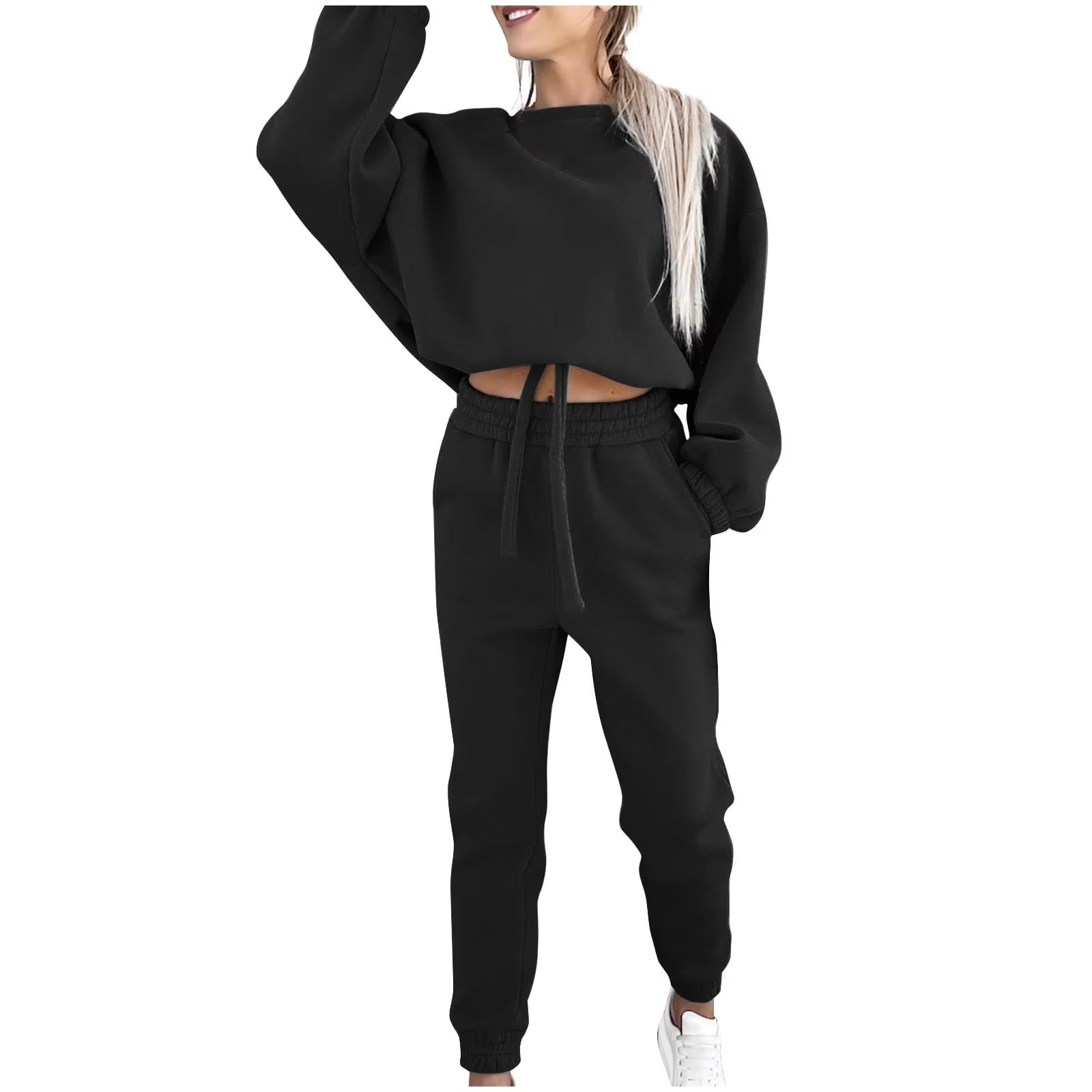 Sweatsuit 2Pcs Set for Women Casual Tracksuit Long Sleeve Crop Sweatshirt and Sweatpants 2 Piece Solid Outfits Tracksuits