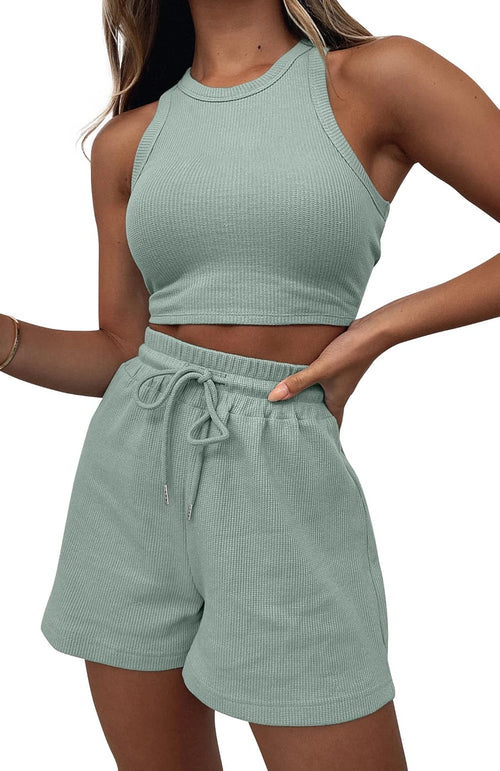 2 Piece Women Lounge Sets - Sleeveless Crop Top and Shorts Waffle Lounge Set Tracksuits Sweatsuits for Women