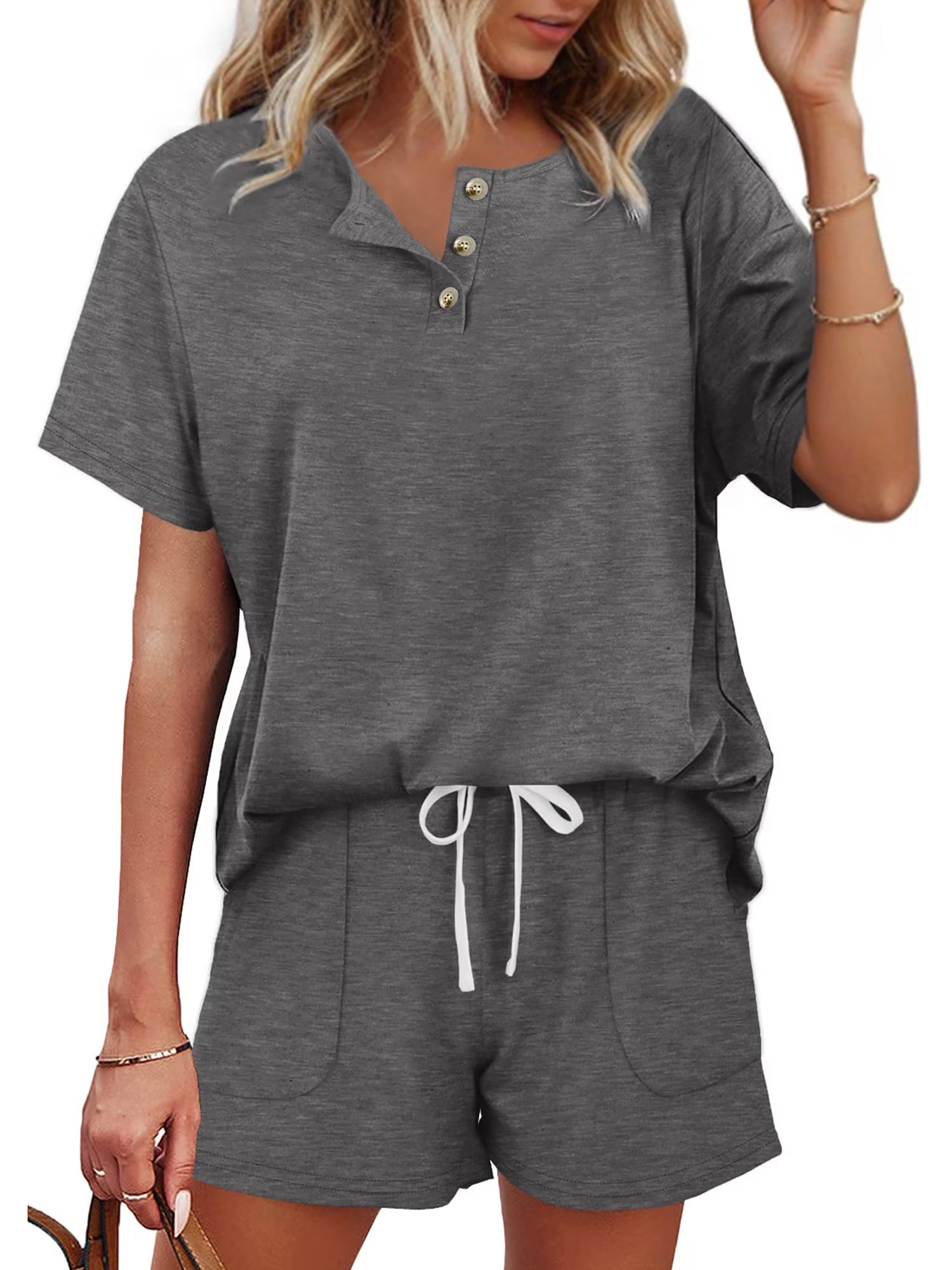 Womens Pajamas Sets Button down Tops and Drawstring Shorts with Pockets Two Piece Lounge Sets Oufits
