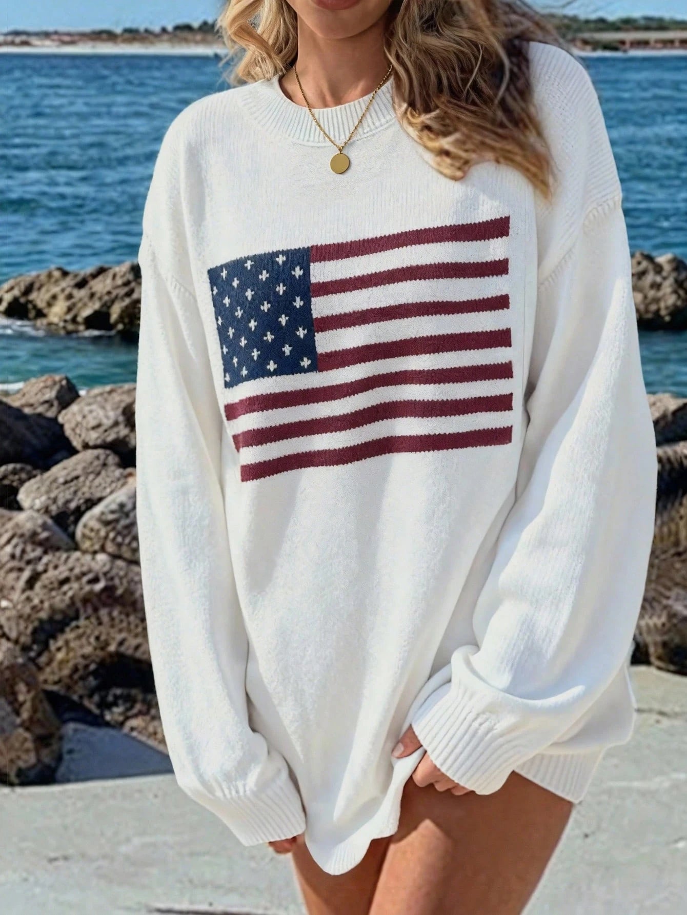 Soleilvie Usa Flag Design Drop Shoulder Sweater,Long Sleeve Tops Knit Pullover Fall Winter Sweater