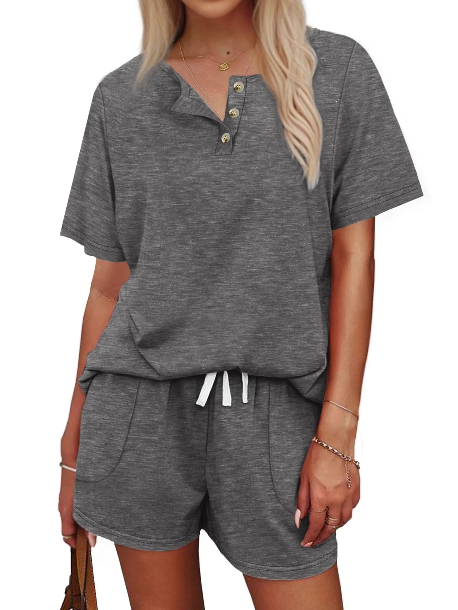 Womens Pajamas Sets Button down Tops and Drawstring Shorts with Pockets Two Piece Lounge Sets Oufits